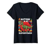 Femme Cute Autism is my Superpower Autism Awareness Dinosaure T-Shirt avec Col en V