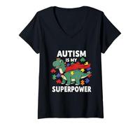 Femme Cute Autism is my Superpower Autism Awareness Dinosaure T-Shirt avec Col en V