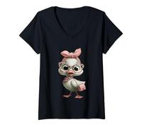 Femme Cute Baby Chick Kawaii Oiseau Rose Léopard Lunettes Graphique T-Shirt avec Col en V
