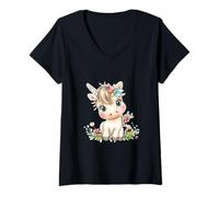 Femme Cute Baby Unicorn with Flowers - Kawaii Pastel Pony T-Shirt avec Col en V