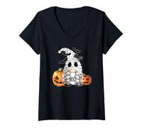 Femme Cute Boo Ghost GNOME for Girls Halloween Bats and Pumpkin T-Shirt avec Col en V