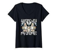 Femme Cute Bunny GNOME Easter Fun Graphic Hanging with My Gnomies T-Shirt avec Col en V