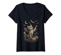 Femme Cute Cat Bat Wings Moon Fall Vintage Fairycore Graphic T-Shirt avec Col en V