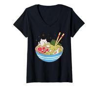 Femme Cute Cat Eating Ramen Bowl Kawaii Food T-Shirt avec Col en V