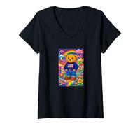 Femme Cute Childish Teddy Bear World Illustration Graphic Designs T-Shirt avec Col en V