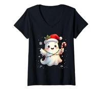 Femme Cute Christmas Ghost Kawaii Santa Candy Cane Funny Xmas T-Shirt avec Col en V