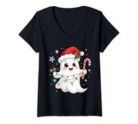 Femme Cute Christmas Ghost Kawaii Santa Candy Cane Funny Xmas T-Shirt avec Col en V