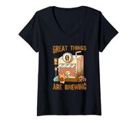 Femme Cute Corgi Coffee Store, Great Things Brewing T-Shirt avec Col en V