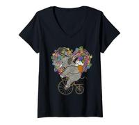 Femme Cute Elephant Loves Cycling on Vintage Bike Floral Heart T-Shirt avec Col en V