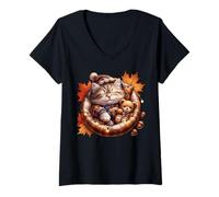 Femme Cute Fall Cat Graphic for Cat Grandma and Autumn Kitten Mom T-Shirt avec Col en V