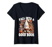 Femme Cute Fall Into A Good Book Lover GNOME Graphic for Bookworm T-Shirt avec Col en V