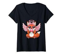 Femme Cute Fox Angel with Wings Valentine's Day Love T-Shirt avec Col en V