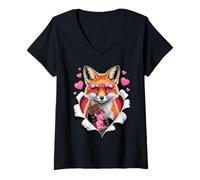 Femme Cute Fox with Hearts and Chocolate Valentine T-Shirt avec Col en V