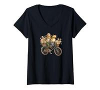 Femme Cute Frog and Toad Riding Bike Cottagecore Esthétique T-Shirt avec Col en V