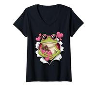 Femme Cute Frog with Chocolate and Hearts Lovers T-Shirt avec Col en V