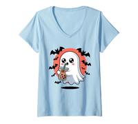 Femme Cute Ghost Boba Tea Kawaii Bubble Drink Funny Halloween Crew T-Shirt avec Col en V