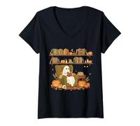 Femme Cute Ghost Cozy Vibe Reading Bookworm Library Halloween T-Shirt avec Col en V