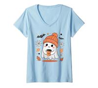 Femme Cute Ghost Drinking Coffee Halloween Ghost Ice Coffee Womens T-Shirt avec Col en V