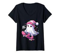 Femme Cute Ghost Hey Boo! Christmas Lights Skateboard Ghost Kid T-Shirt avec Col en V