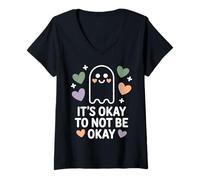 Femme Cute Ghost It's Okay to Not Be Okay Sensibilisation à la santé mentale T-Shirt avec Col en V
