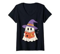 Femme Cute Ghost Reading Book Halloween Witch Hat Bookworm T-Shirt avec Col en V