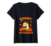 Femme Cute Ghost Sorry I'm Booked Bookworm Halloween Reading T-Shirt avec Col en V