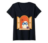 Femme Cute Ghost with Binoculars Watching Halloween Spooky Season T-Shirt avec Col en V