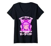Femme Cute Girl Graphic Tee Can't Hear You I'm Listening to Kpop T-Shirt avec Col en V