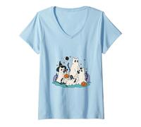 Femme Cute Halloween Ghost Cats Girl Boy Men Woman T-Shirt avec Col en V
