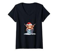Femme Cute Highland Cow in Santa Hat Country Heifer Farm Farmer T-Shirt avec Col en V