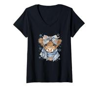Femme Cute Highland Cow with Blue Bow Winter Snowflake Design T-Shirt avec Col en V