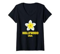 Femme Cute Hollywood USA Tropical Yellow Frangipani Aesthetic Art T-Shirt avec Col en V
