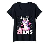 Femme Cute J'ai Déjà 20 Ans Licorne Anniversaire 20 Ans Fille T-Shirt avec Col en V