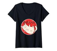 Femme Cute Japanese Maneki Neko Cat Design, Kawaii Japanese Cat T-Shirt avec Col en V