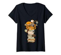 Femme Cute Kawaii Reading Octopus Tea Coffee and Books Librarian T-Shirt avec Col en V