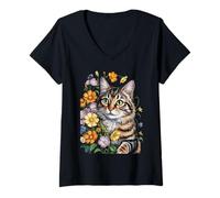 Femme Cute Kitten Cat Flower Floral Garden T-Shirt avec Col en V