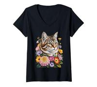 Femme Cute Kitten Cat Flower Floral Garden T-Shirt avec Col en V