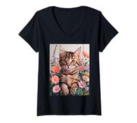 Femme Cute Kitten Cat Flower Floral Garden T-Shirt avec Col en V