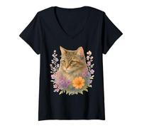 Femme Cute Kitten Cat Flower Floral Garden T-Shirt avec Col en V