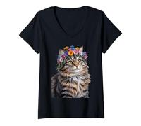 Femme Cute Kitten Cat Flower Floral Garden T-Shirt avec Col en V