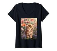 Femme Cute Kitten Cat Flower Floral Garden T-Shirt avec Col en V