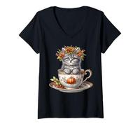 Femme Cute Kitten in A Autumn Tea Cup for Fall and Coffee Lover T-Shirt avec Col en V