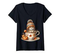 Femme Cute Kitten in Fall Hot Tea Cup Autumn Vibes for Cat Mom T-Shirt avec Col en V