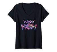 Femme Cute Leopard Sunflower for Purple Mama and Blessed Mom T-Shirt avec Col en V