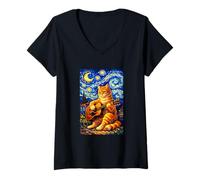 Femme Cute Orange Cat Playing Guitar Art Guitarist Music Camping T-Shirt avec Col en V