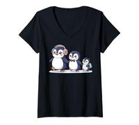 Femme Cute Penguin Family Walking Winter Cartoon T-Shirt avec Col en V