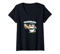 Femme Cute Penguin Ice Cold Swing Batter de Baseball T-Shirt avec Col en V