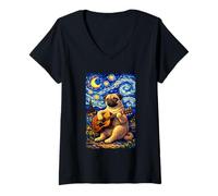 Femme Cute Pug Dog Playing Guitar Whimsical Art Music Camping T-Shirt avec Col en V