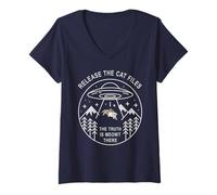 Femme Cute Release The Cat Files Alien Side Quests UFO Science-Fiction T-Shirt avec Col en V