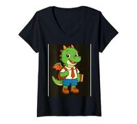 Femme Cute School Dragon Cartoon Character Illustration T-Shirt avec Col en V